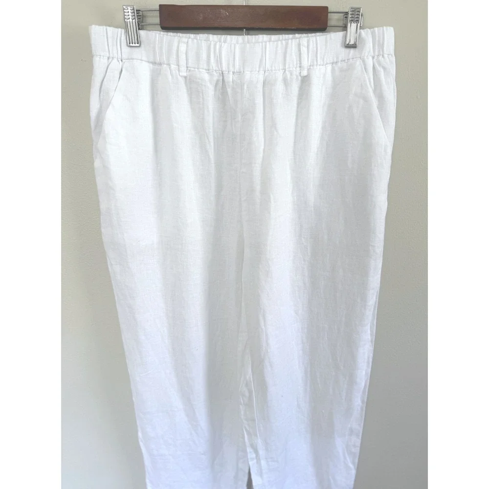 Quince Womens White 100% European Linen Straight Leg Elastic Waist Pants Sz L